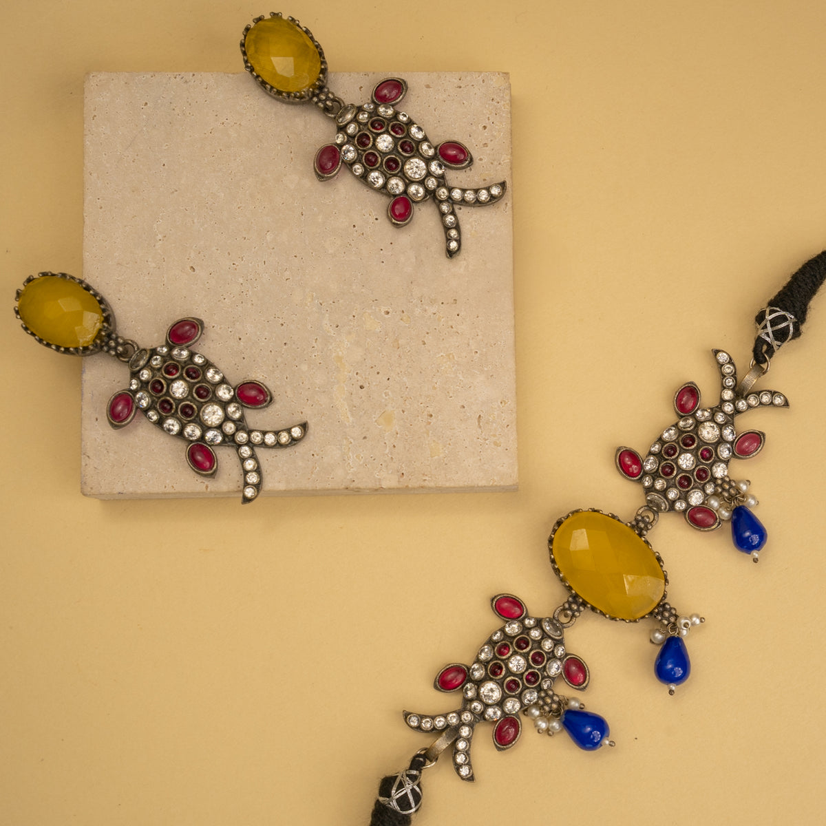 KYA FAUX SILVER SEMI ANTIQUE HANDMADE CHOKER WITH EARRINGS CH426