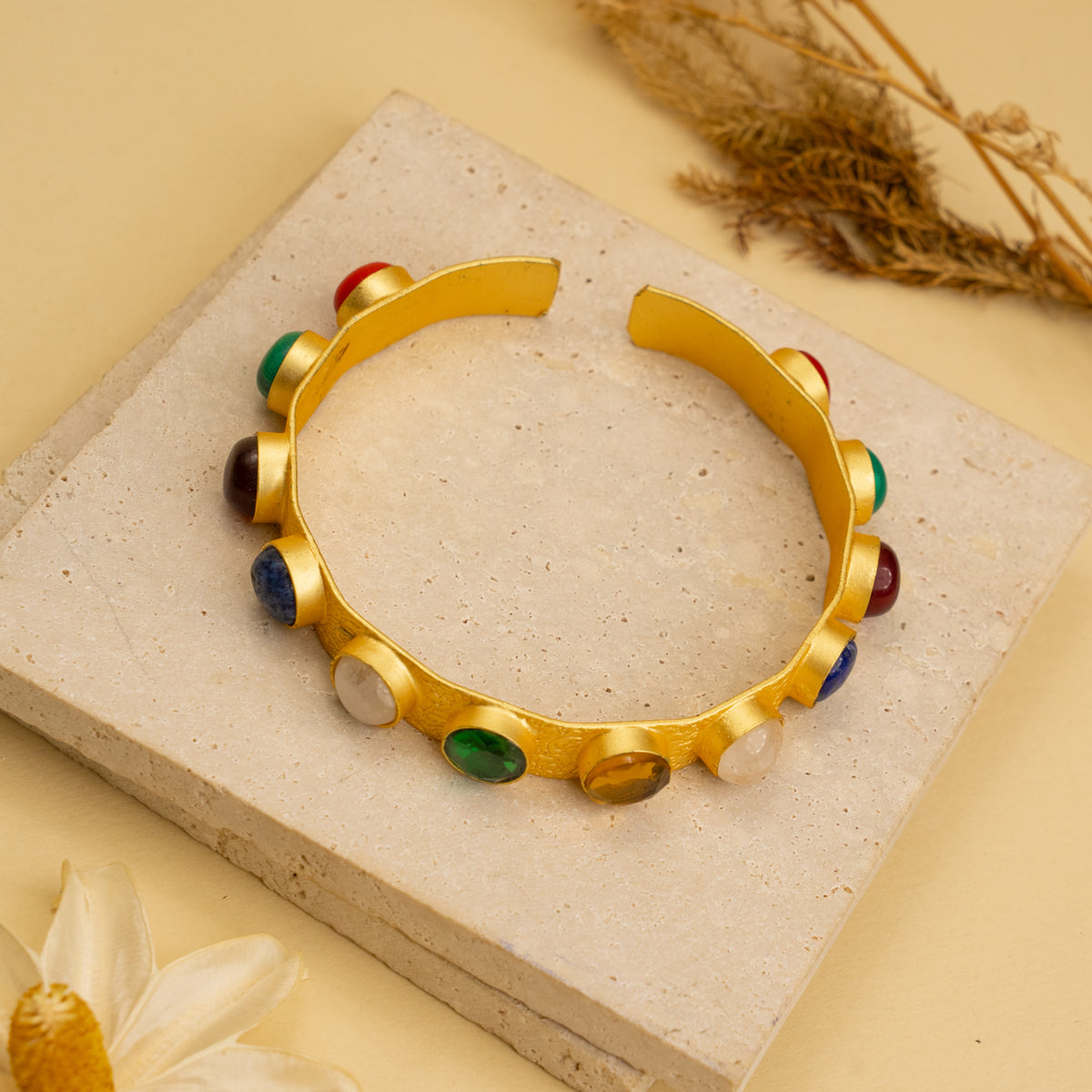 NIRALYA UNFORMED PREMIUM HAND HAMMERED AND HANDMADE STONE BANGLE CUFF BR13