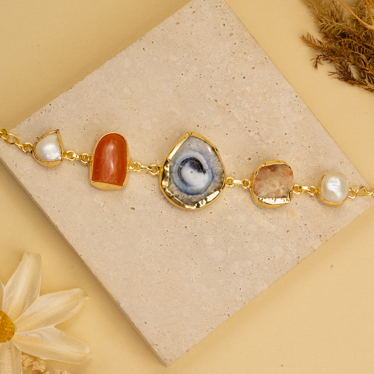 MINIKA HAND HAMMERED AND HANDMADE GOLD TONED CLASSIC RAW STONE BRACELETS BR201