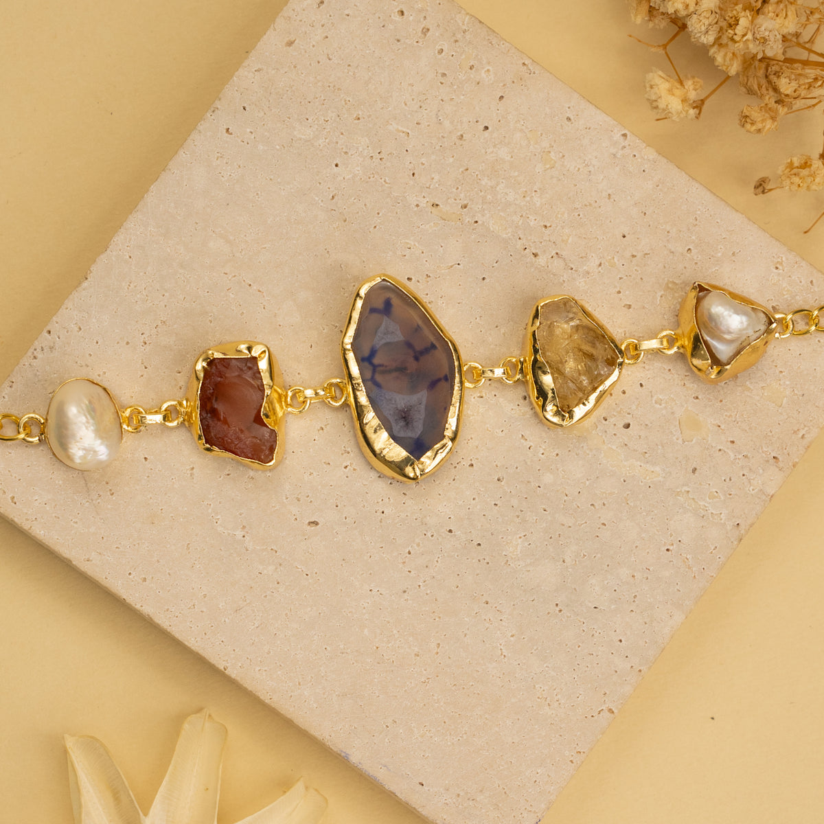 MINIKA HAND HAMMERED AND HANDMADE GOLD TONED CLASSIC RAW STONE BRACELETS BR201