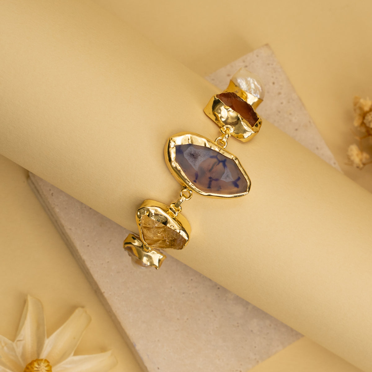 MINIKA HAND HAMMERED AND HANDMADE GOLD TONED CLASSIC RAW STONE BRACELETS BR201