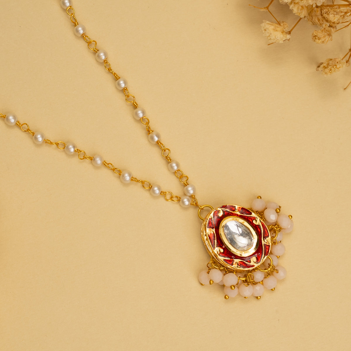 LISA HANDMADE KUNDAN POLKI AND MULTINMATERIAL CHAIN WITH PENDANT NECKLACE CH138