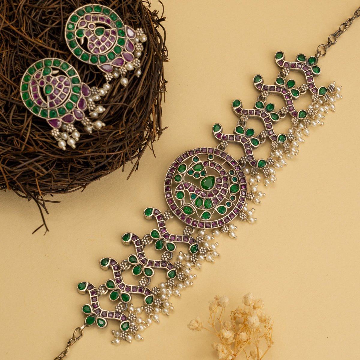 AARNA BIJOUX PREMIUM AND EXCLUSIVE SEMI HANDMADE RUSTIC FINISH CHOKER WITH EARRINGS CH136