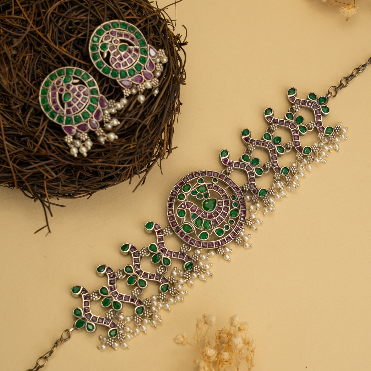 AARNA BIJOUX PREMIUM AND EXCLUSIVE SEMI HANDMADE RUSTIC FINISH CHOKER WITH EARRINGS CH136