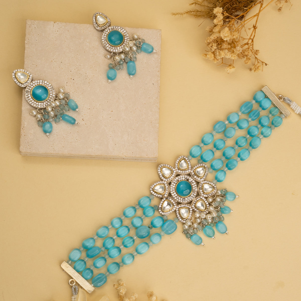 IRIS BIJOUX PREMIUM AND EXCLUSIVE POLKI AND MONALISA BEADS HANDMADE CHOKER WITH EARRINGS CH214