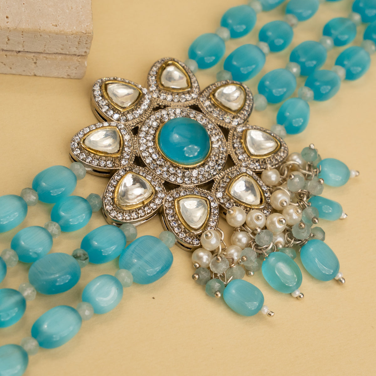 IRIS BIJOUX PREMIUM AND EXCLUSIVE POLKI AND MONALISA BEADS HANDMADE CHOKER WITH EARRINGS CH214