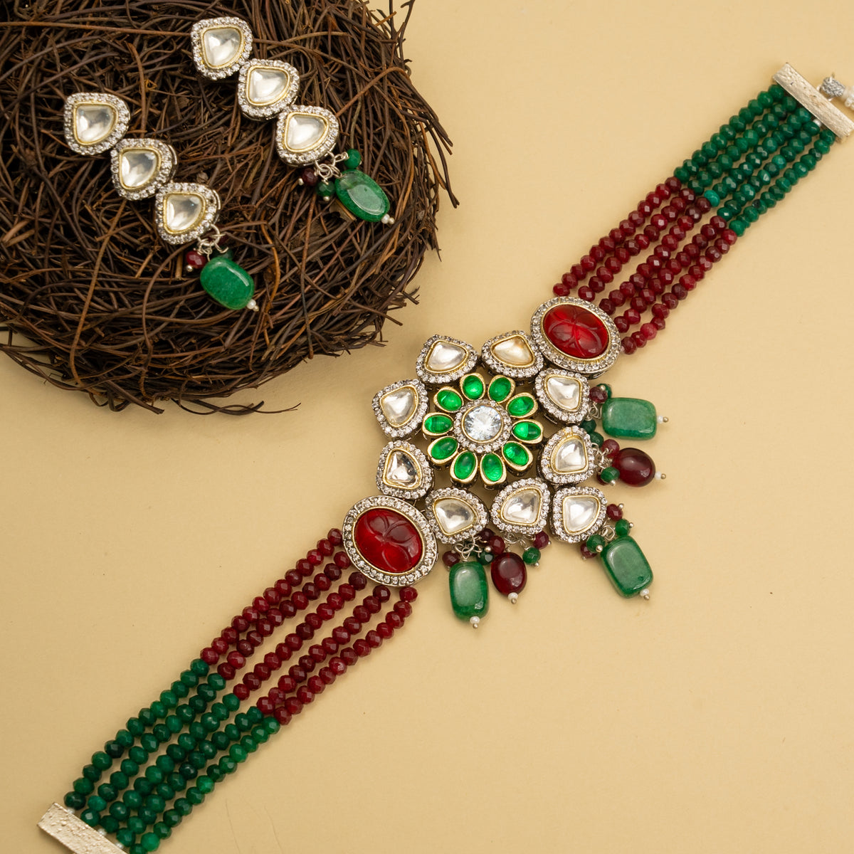 MILA BIJOUX POLKI AND ONEX BEADS HANDMADE CHOKER WITH EARRINGS CH107