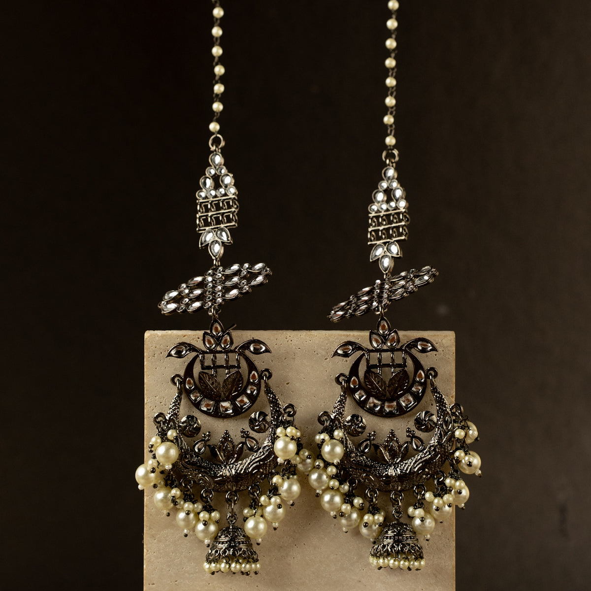 LARA BEADED OXIDIZED DANGLER SILVER EARRING WITH EAR CHAIN ER425