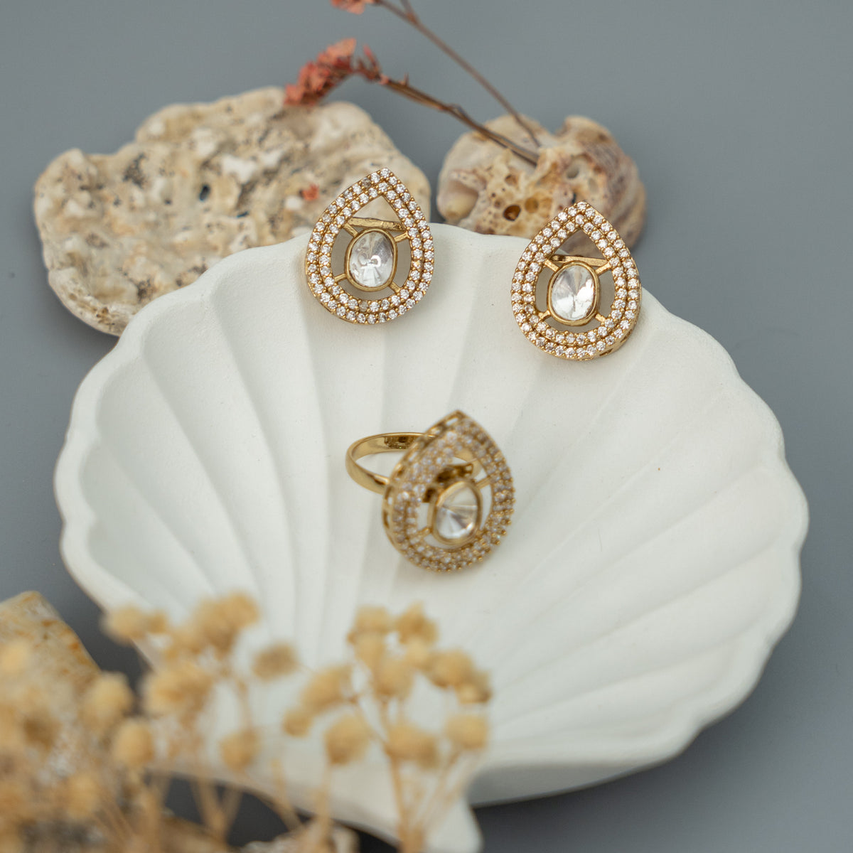 SOFIA PREMIUM GOLD TONED SEMI HANDMADE RING/EARRIRNG WITH STUD ER916