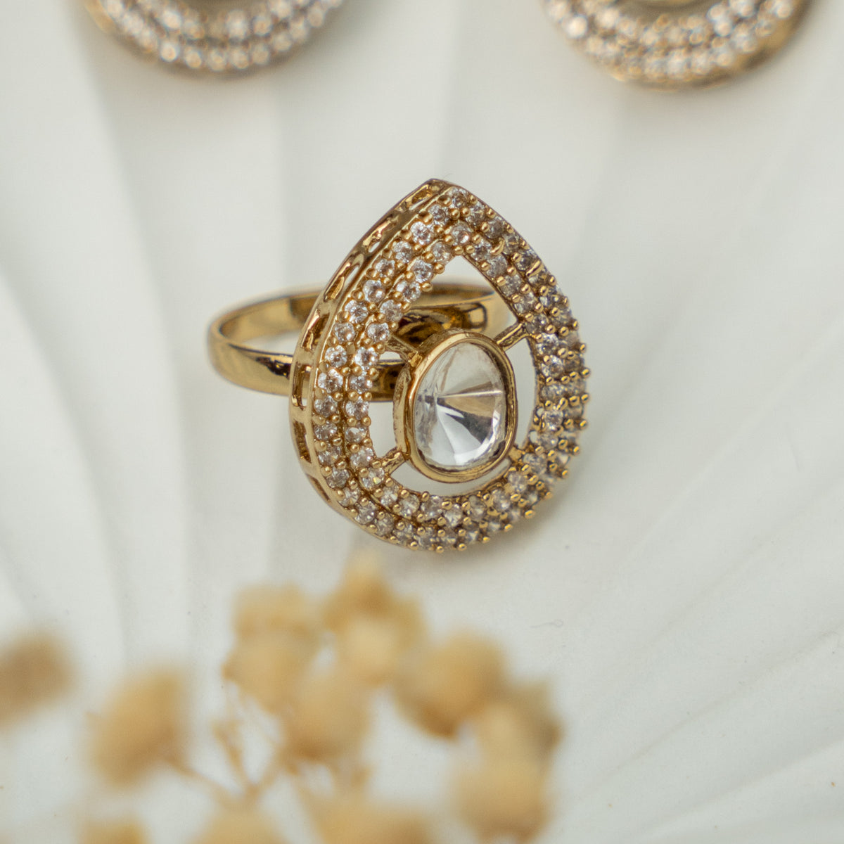 SOFIA PREMIUM GOLD TONED SEMI HANDMADE RING/EARRIRNG WITH STUD ER916