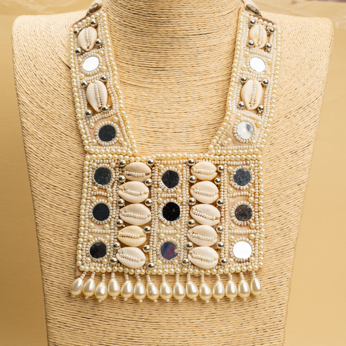 QUINN SHELL FABRIC AND BEADS HANDMADE AND HANDSTICHED MALA/ NECKPIECE ML129