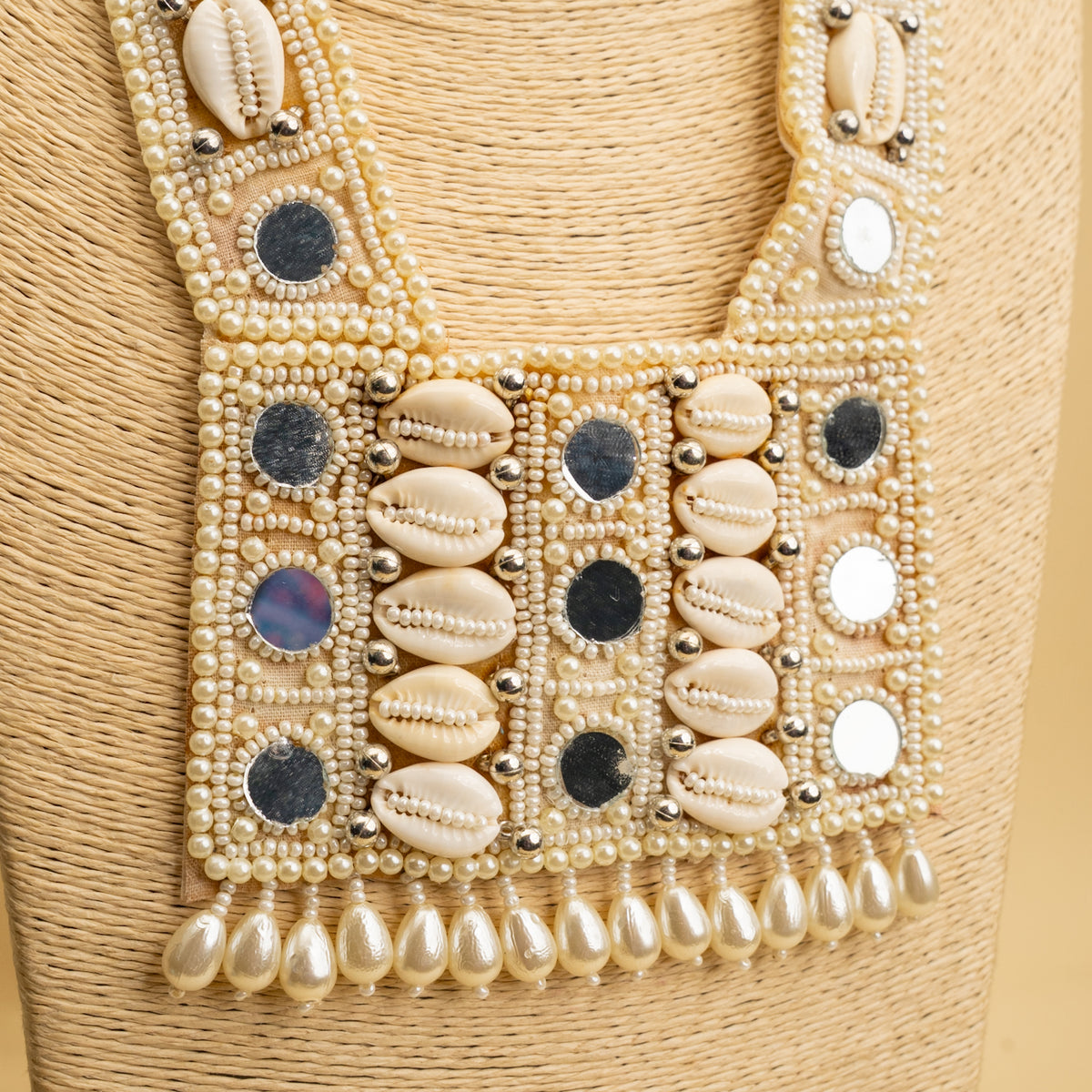 QUINN SHELL FABRIC AND BEADS HANDMADE AND HANDSTICHED MALA/ NECKPIECE ML129