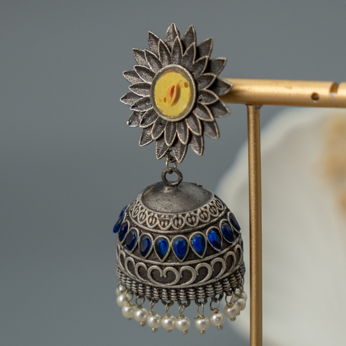 HEERA SILVER LOOK ALIKE SEMI HANDMADE ANTIQUE TONE  ENAMEL JHUMKA ER182