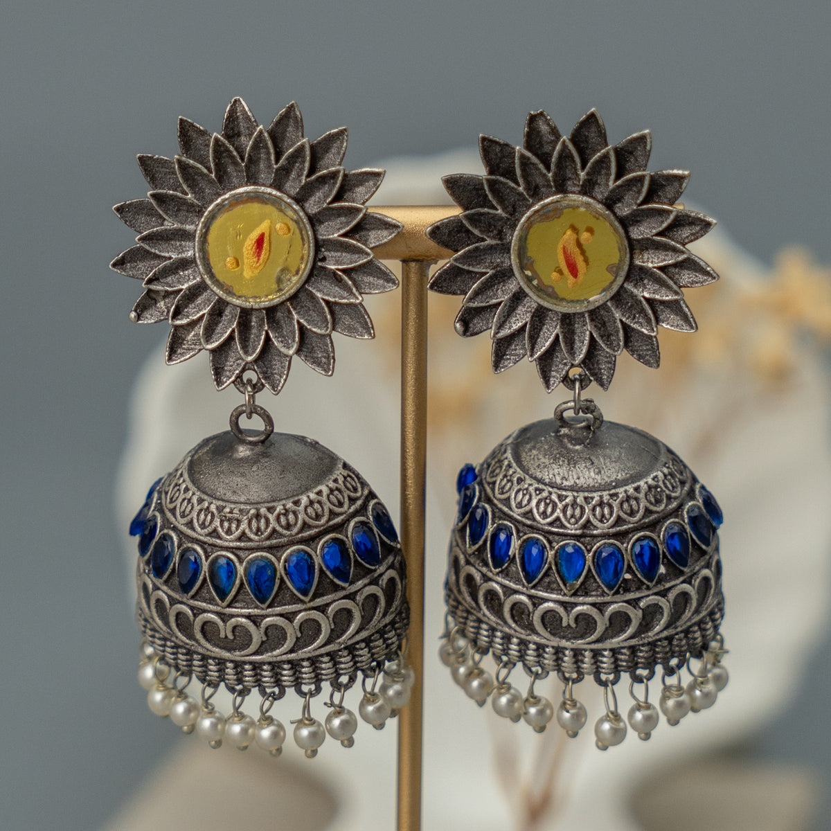 HEERA SILVER LOOK ALIKE SEMI HANDMADE ANTIQUE TONE  ENAMEL JHUMKA ER182