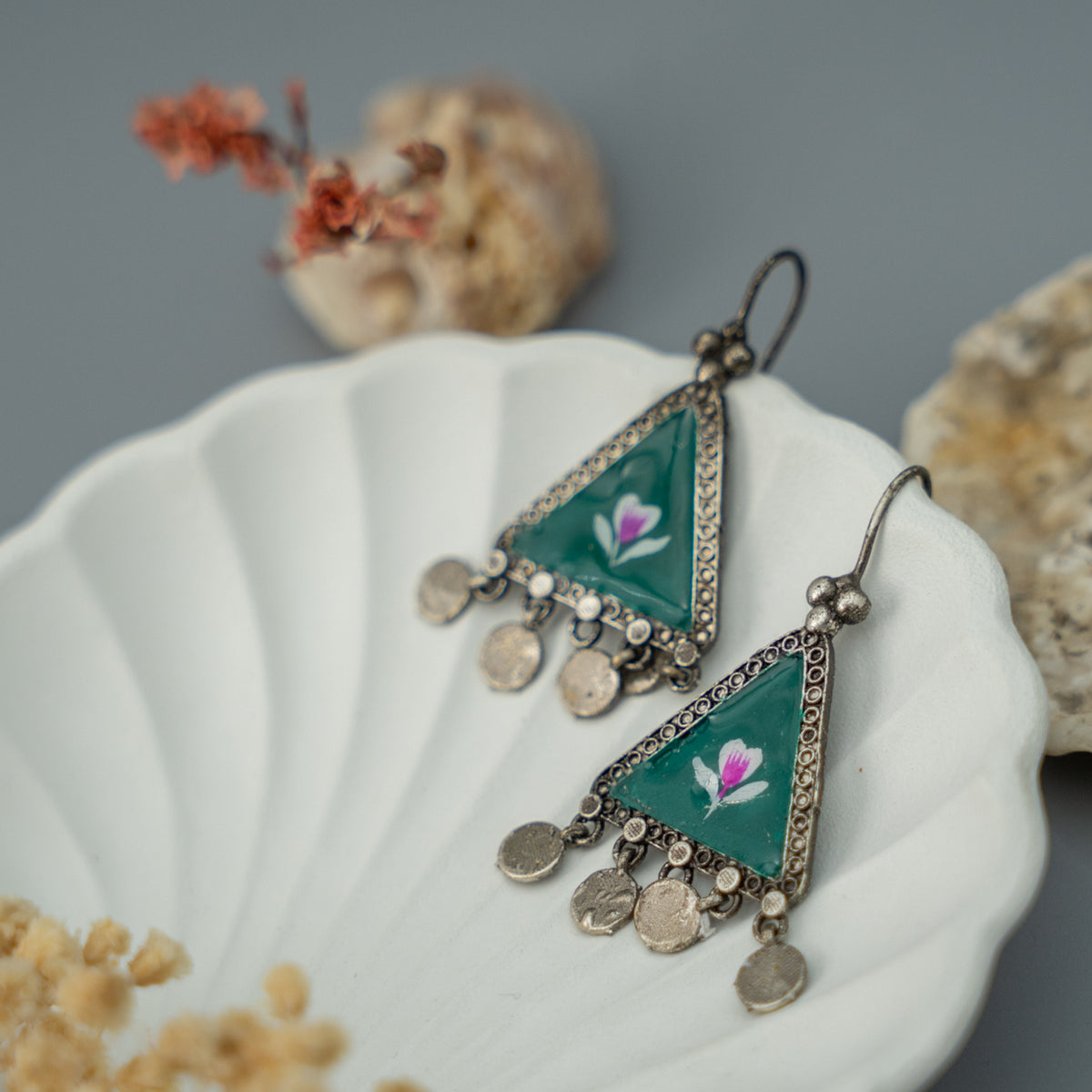 PORTIA SILVER  SEMI HANDMADE HANDPAINTED EARRINGS/DANGLER ER630