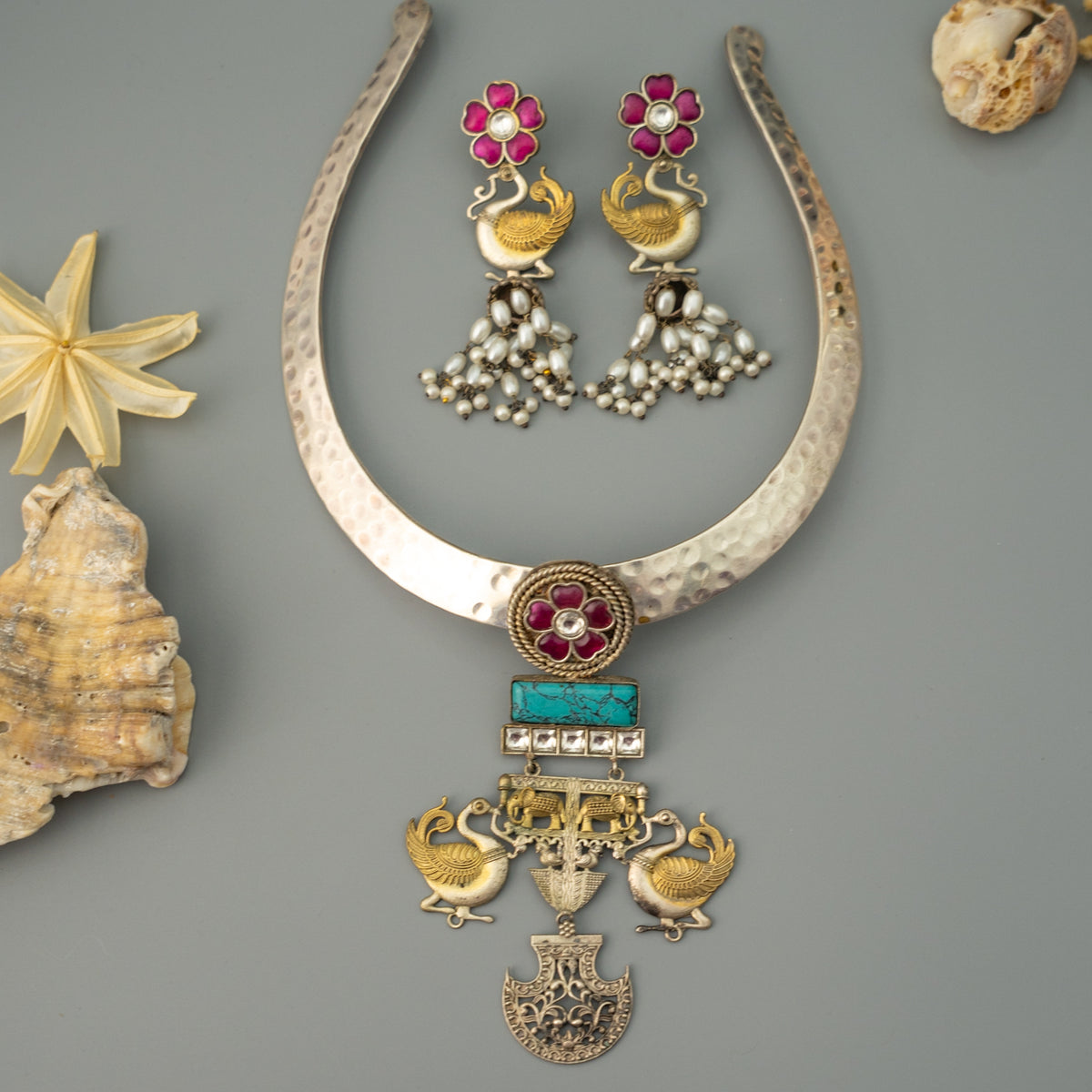 MELAT BIJOUX PREMIUM DUAL TONED HANDMADE NECKLACE/HASLI WITH EARRINGS CH503