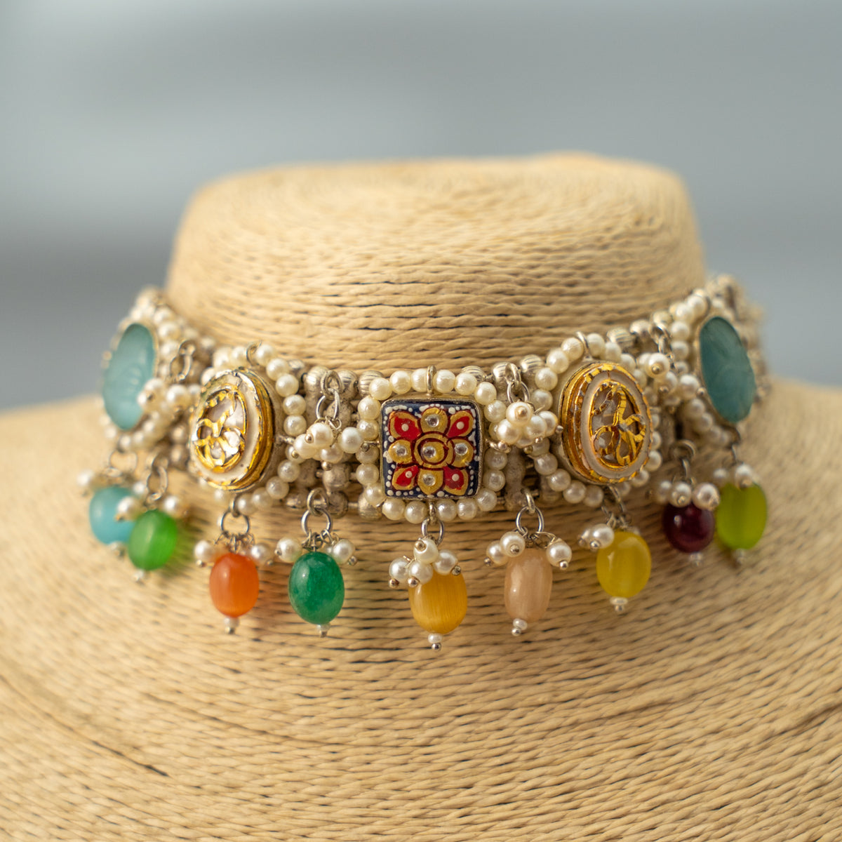 FANG BIJOUX PREMIUM AND EXCLUSIVE FAUX SILVER SEMI HANDMADE CHOKER WITH EARRINGS CH409