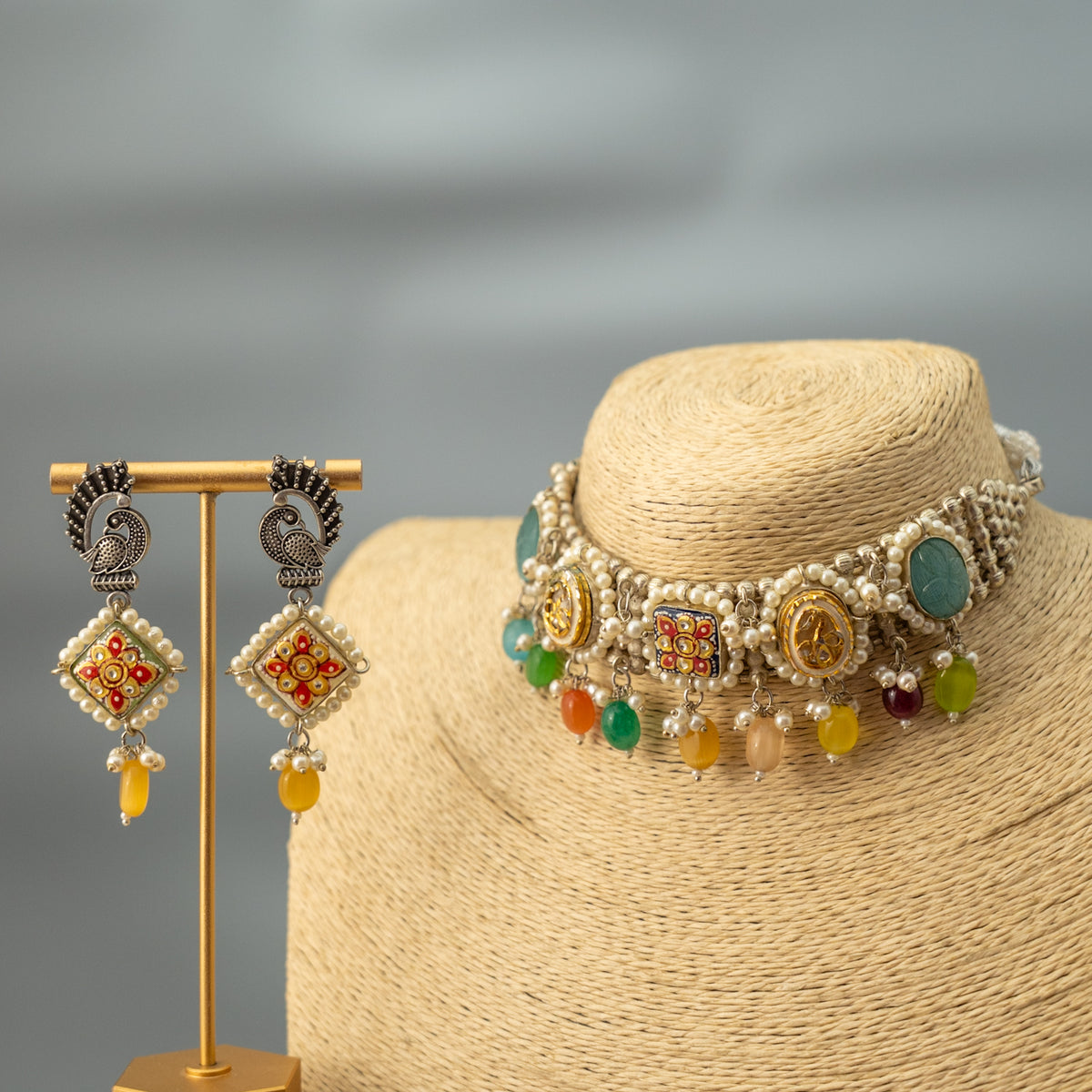 FANG BIJOUX PREMIUM AND EXCLUSIVE FAUX SILVER SEMI HANDMADE CHOKER WITH EARRINGS CH409