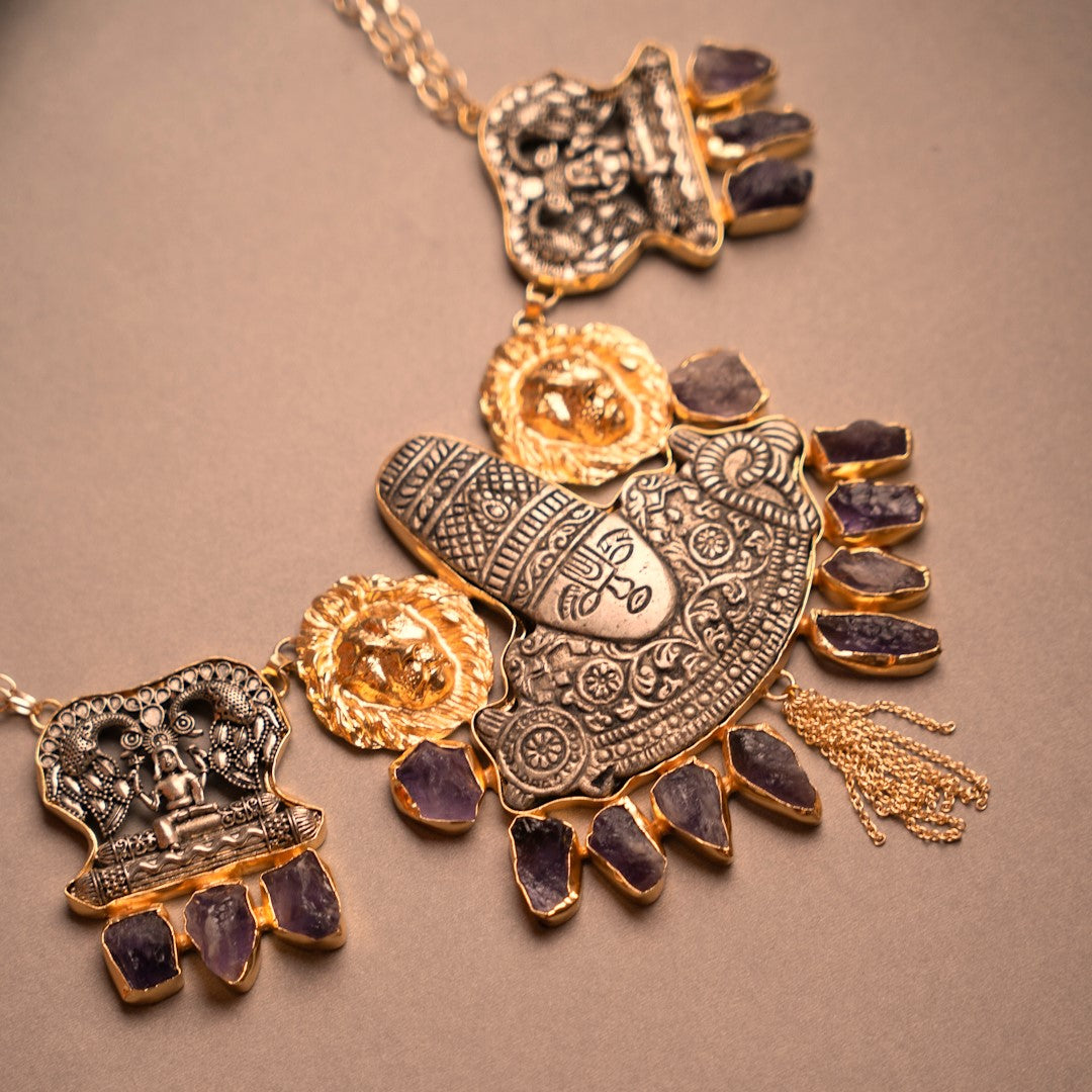 RISHARA BIJOUX EXCLUSIVE HANDMADE RAW STONE DUAL TONED TEMPLE NECKLACE NL246