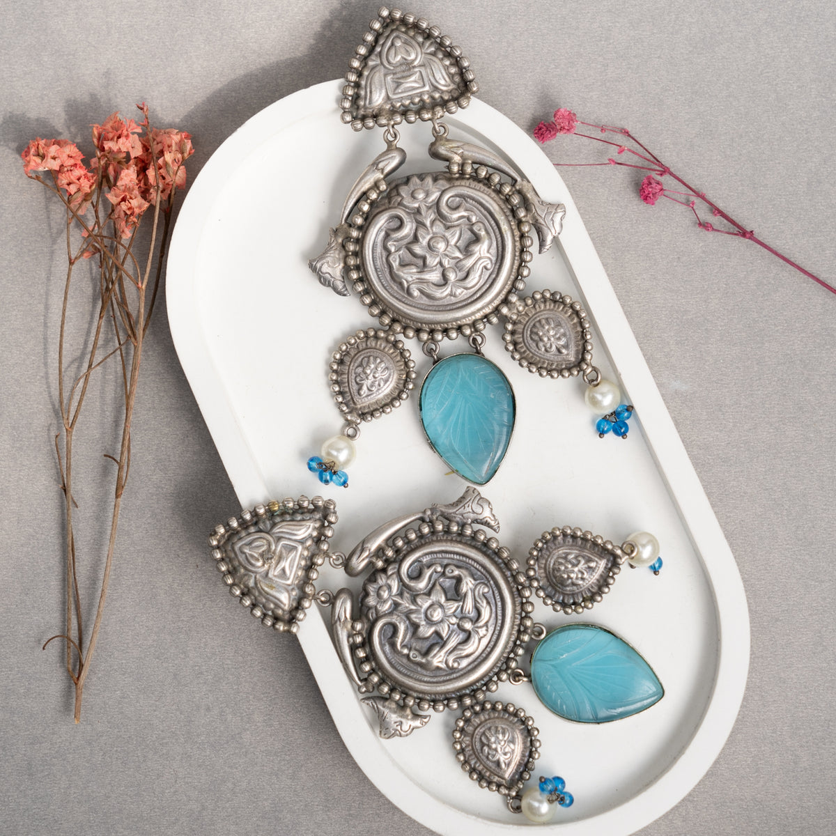 BHAVYA FAUX SILVER RAW AND RUSTIC HANDMADE CARVING STONE EARRINGS/JHUMKAS ER737