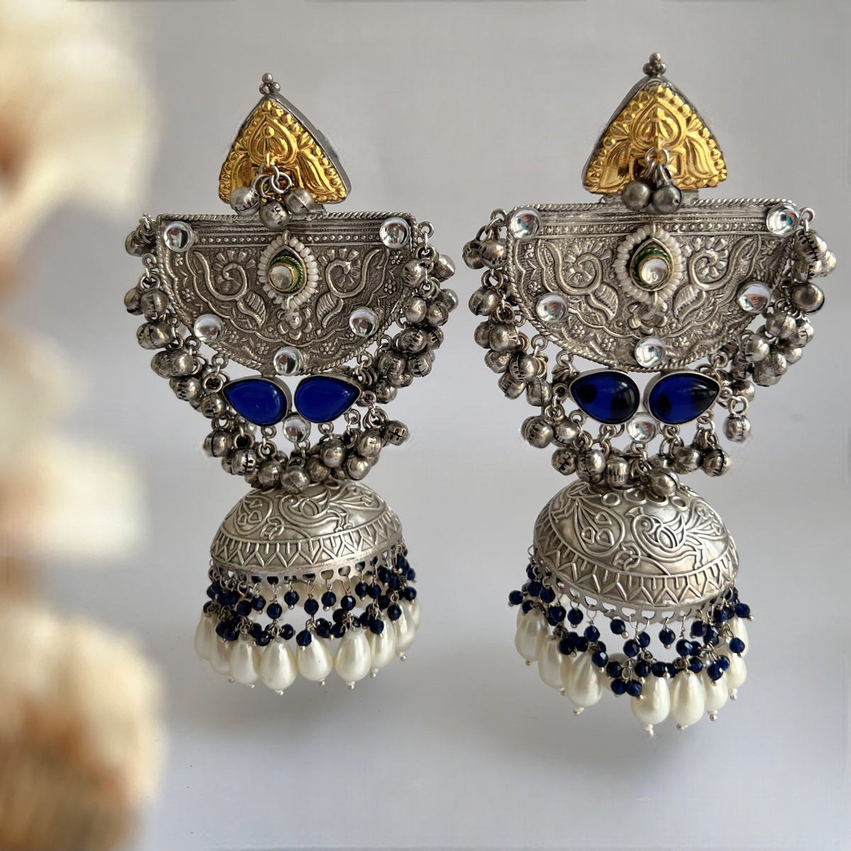 ÉLIRA SILVER LOOK ALIKE HAND HAMMERED DUAL TONED JUMBO JHUMKA ER558