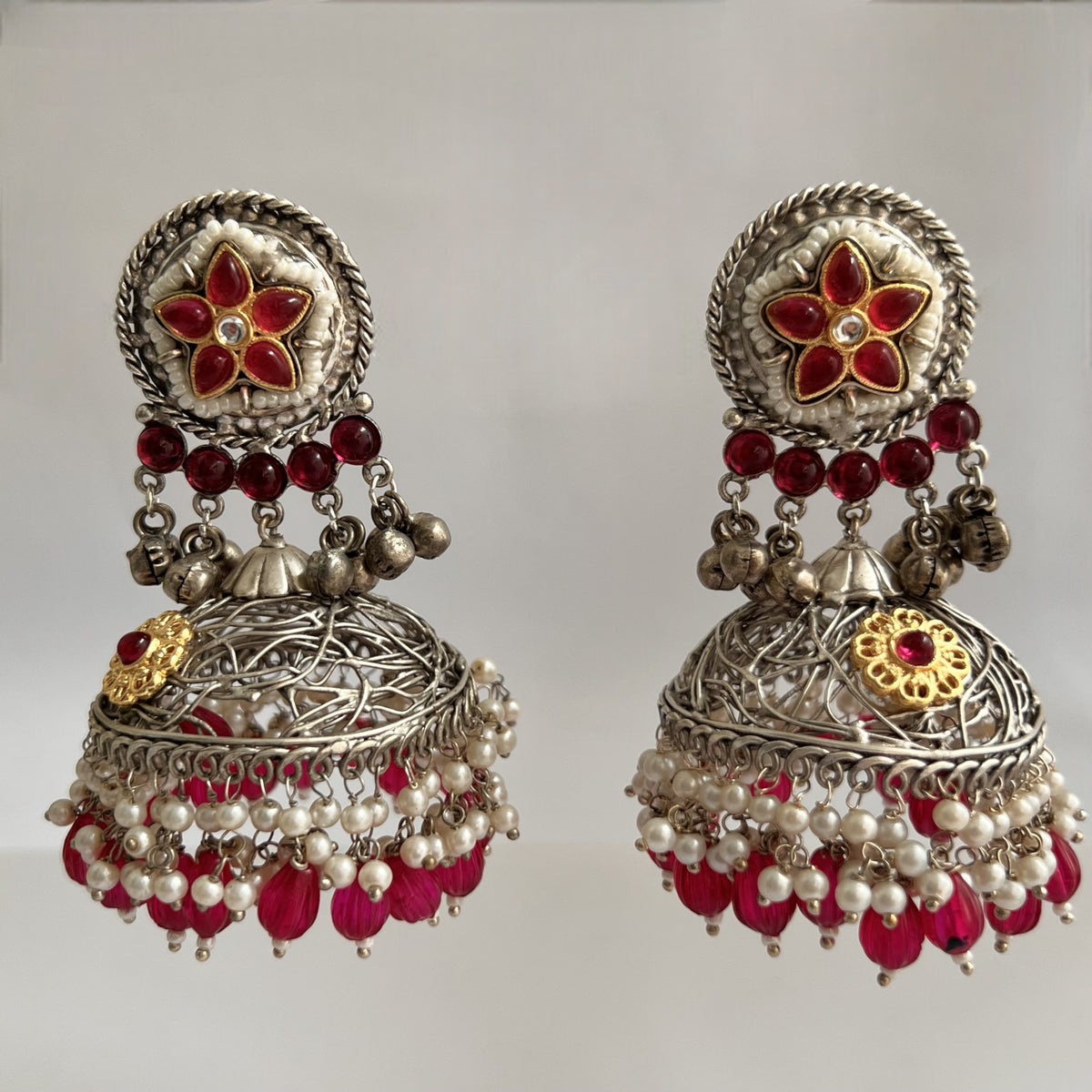 DAFINA SILVER LOOK ALIKE HAND HAMMERED AND HAND WIRED JHUMKA ER567