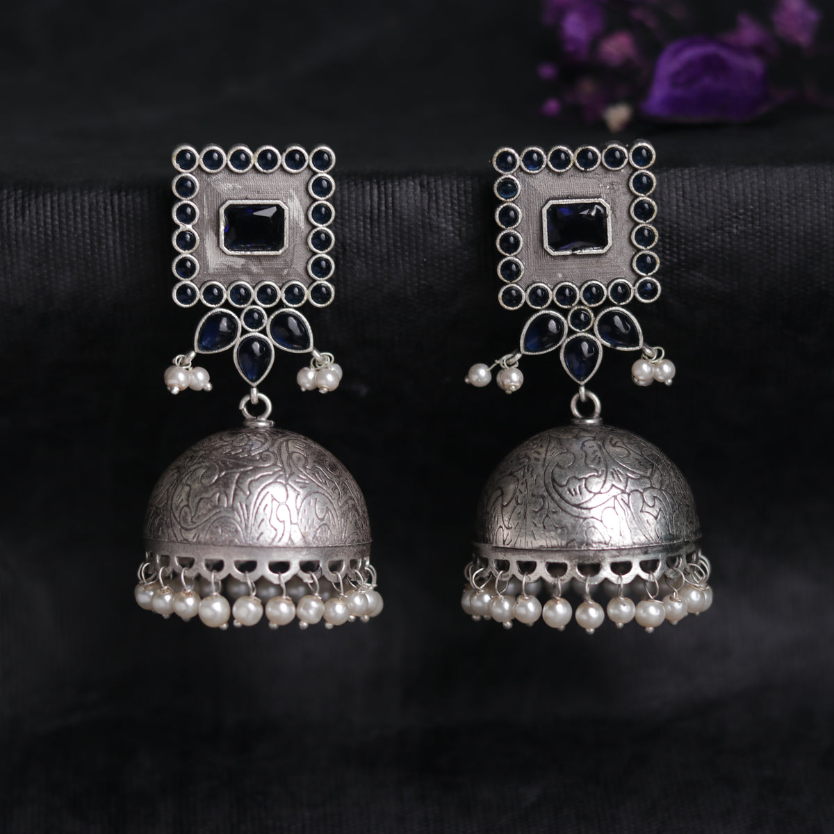 ROYAL SQUARE ELEGANCE FAUX SILVER SEMI-HANDMADE JHUMKAS ER36