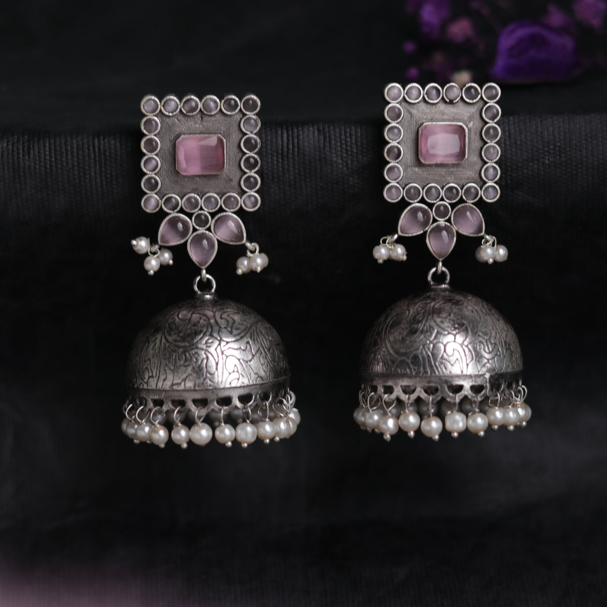 ROYAL SQUARE ELEGANCE FAUX SILVER SEMI-HANDMADE JHUMKAS ER36