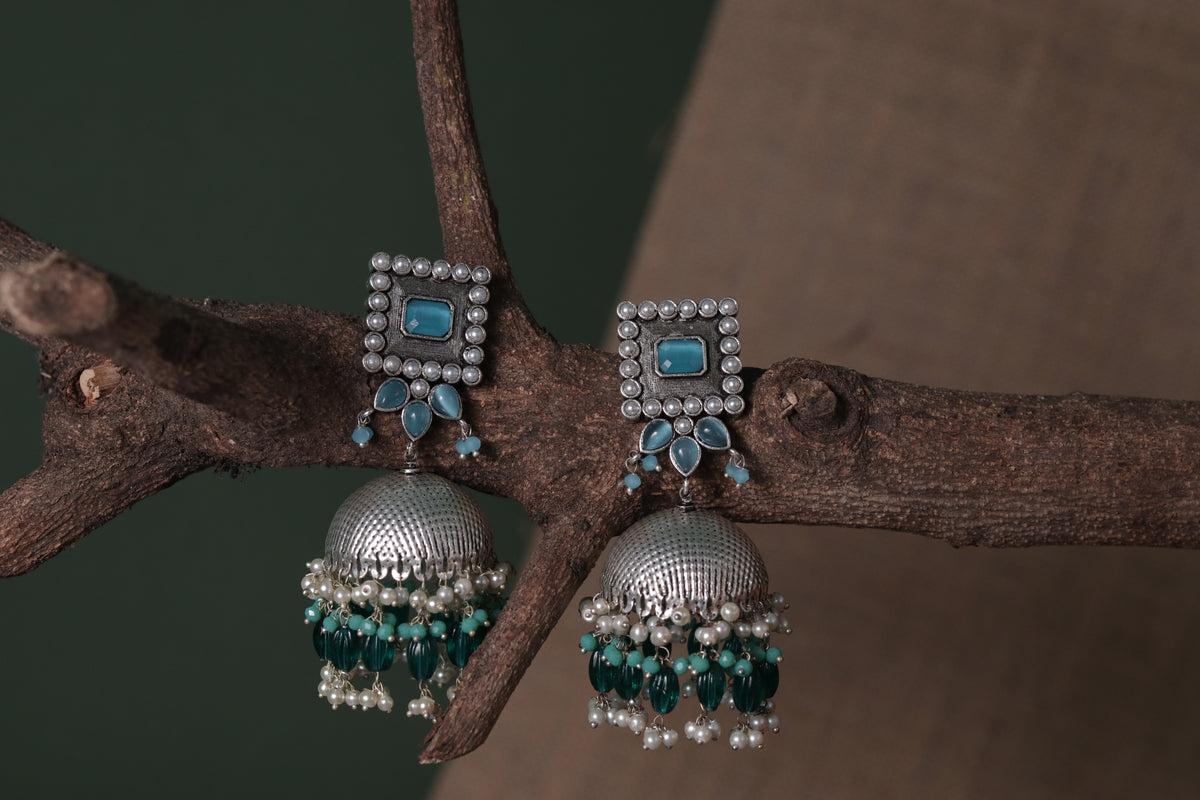 SQUARE SERENADE FAUX SILVER HANDMADE JHUMKAS ER37