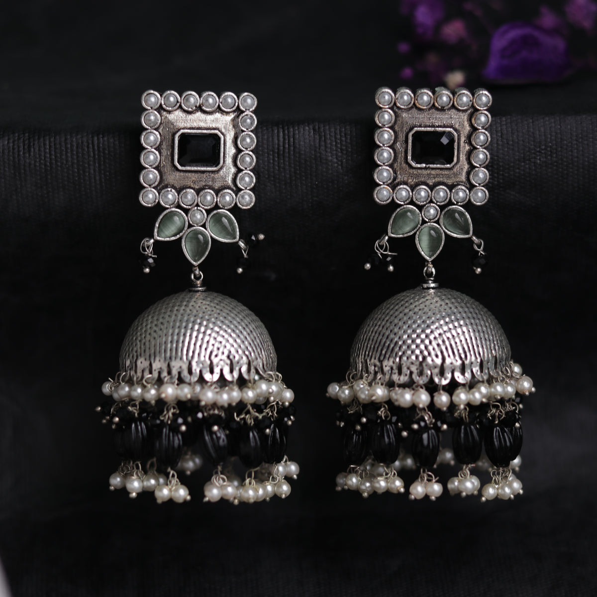 SQUARE SERENADE FAUX SILVER HANDMADE JHUMKAS ER37