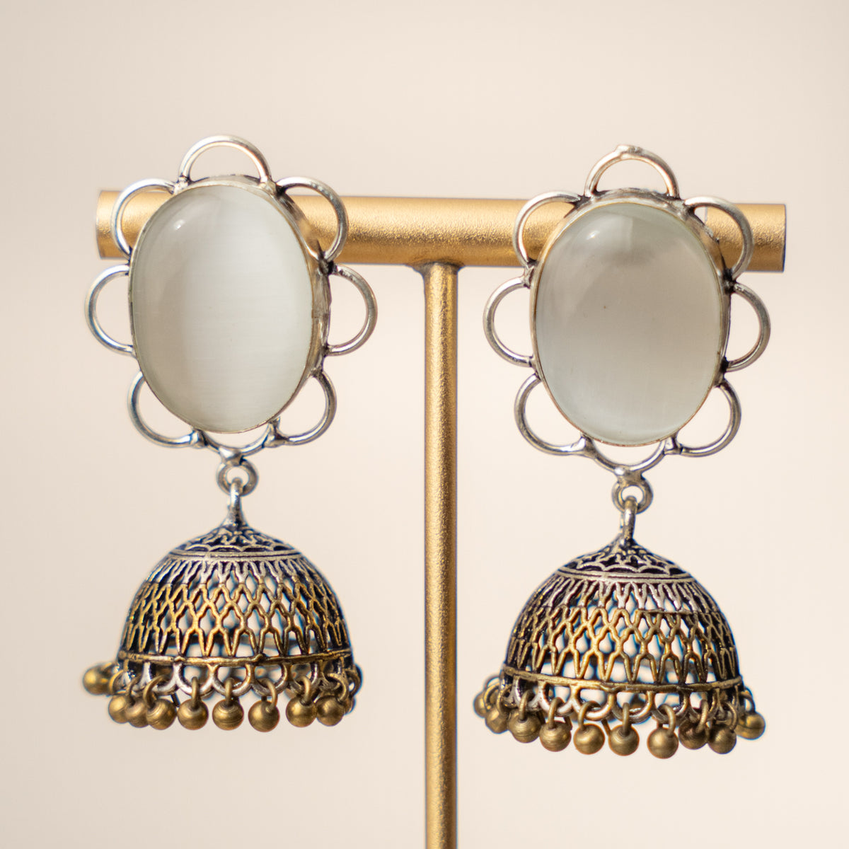 NAYOMIKA SEMI HANDMADE OXIDIZED AND NATURAL STONE JHUMKAS/EARRINGS ER469