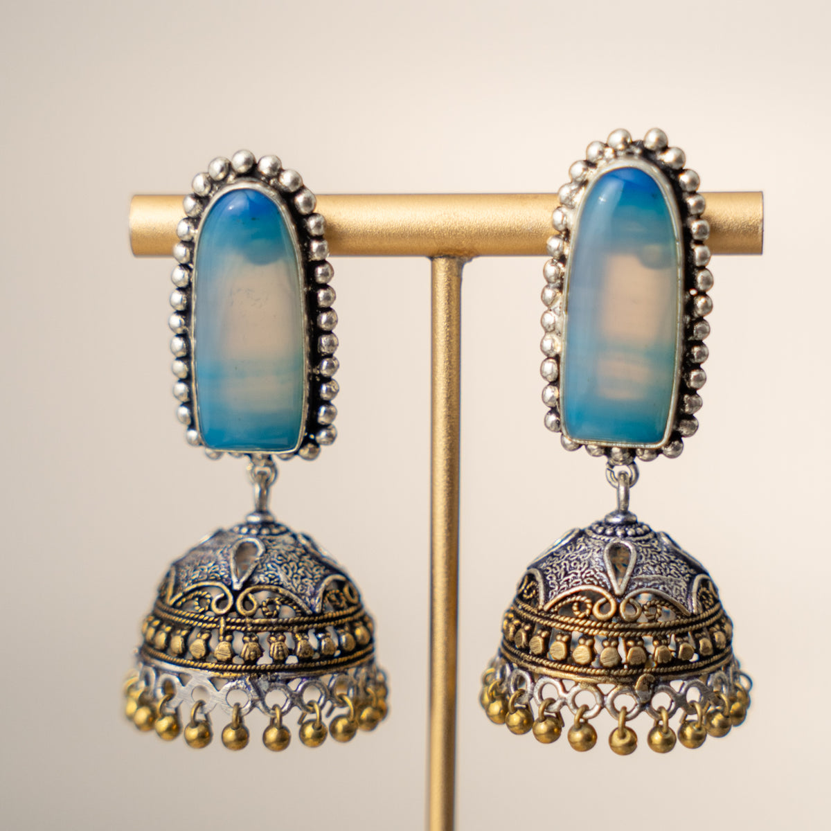 ANNVI SEMI HANDMADE OXIDIZED AND NATURAL STONE JHUMKAS/EARRINGS ER472