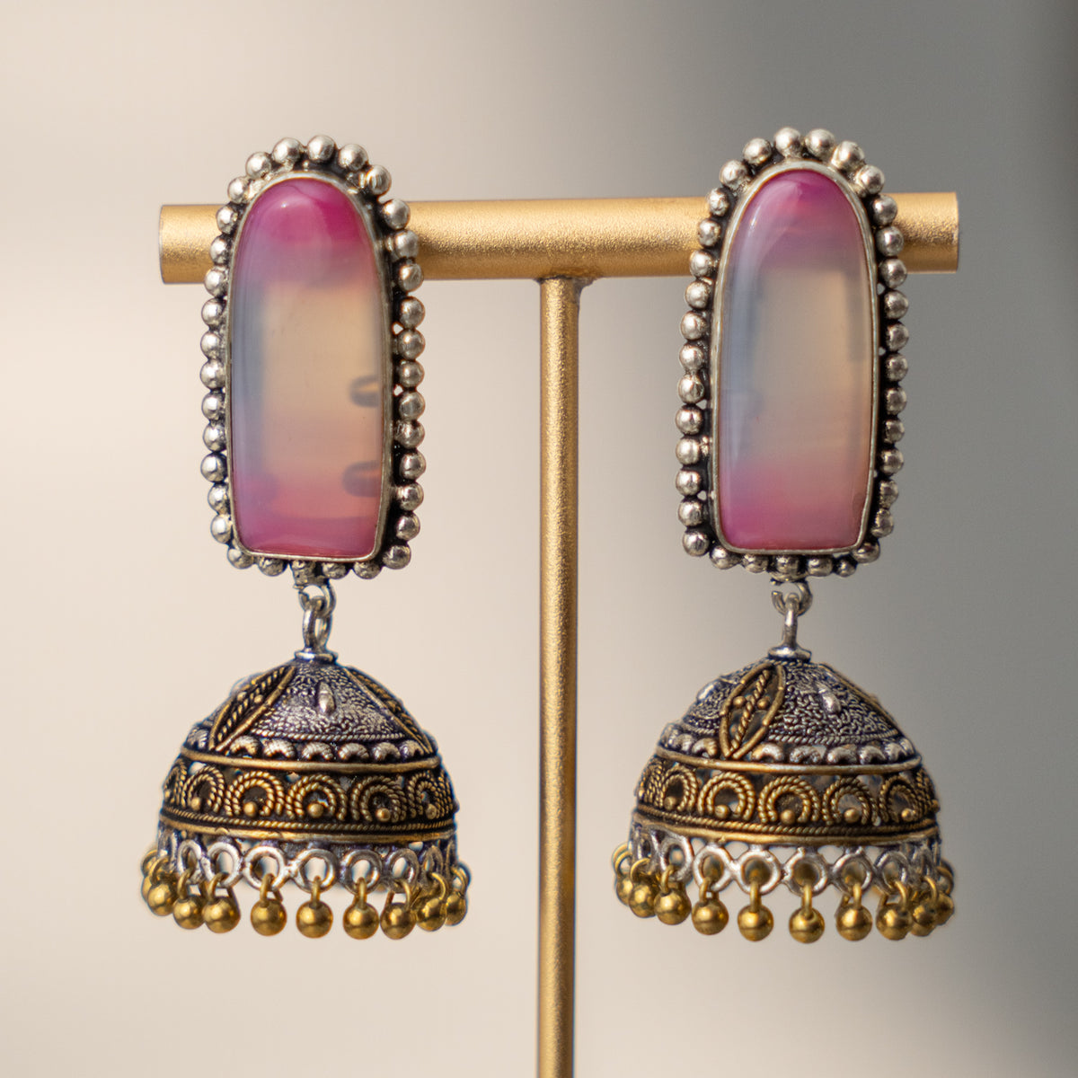 ANNVI SEMI HANDMADE OXIDIZED AND NATURAL STONE JHUMKAS/EARRINGS ER472