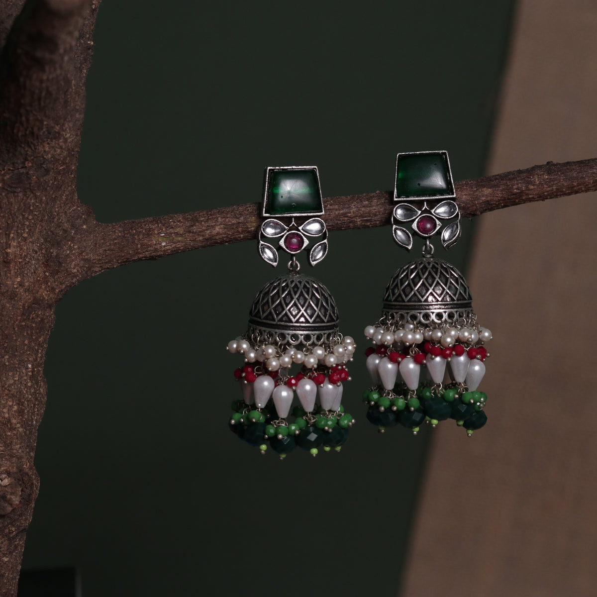 CUBIC CHARISMA SQUARE MONALISA STONE  SEMI-HANDMADE JHUMKA ER50