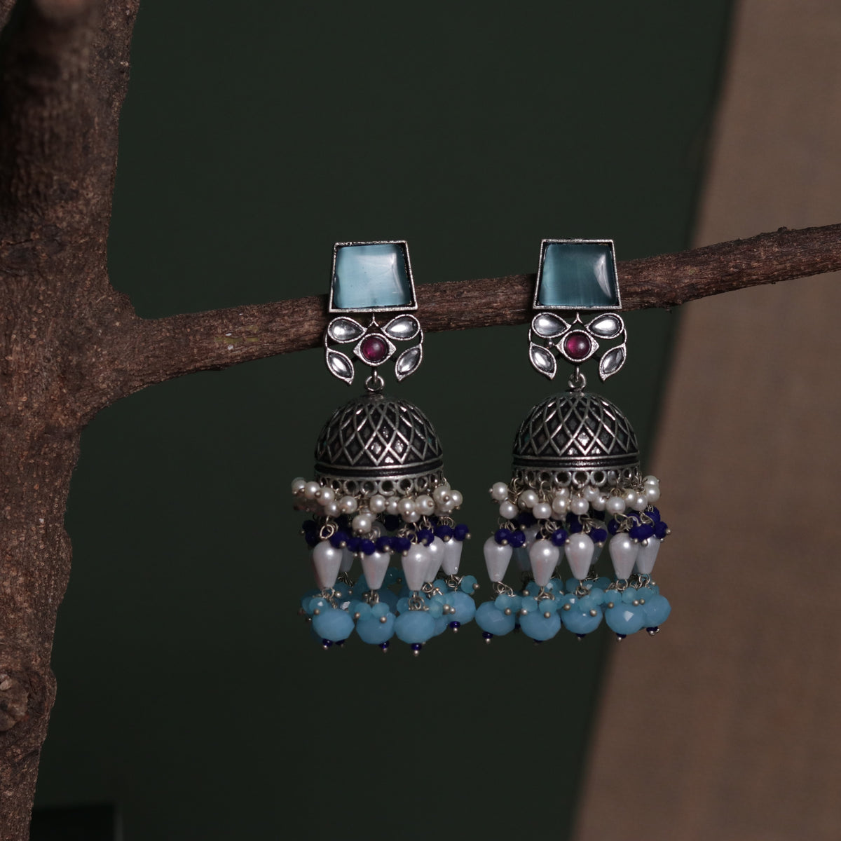 CUBIC CHARISMA SQUARE MONALISA STONE  SEMI-HANDMADE JHUMKA ER50