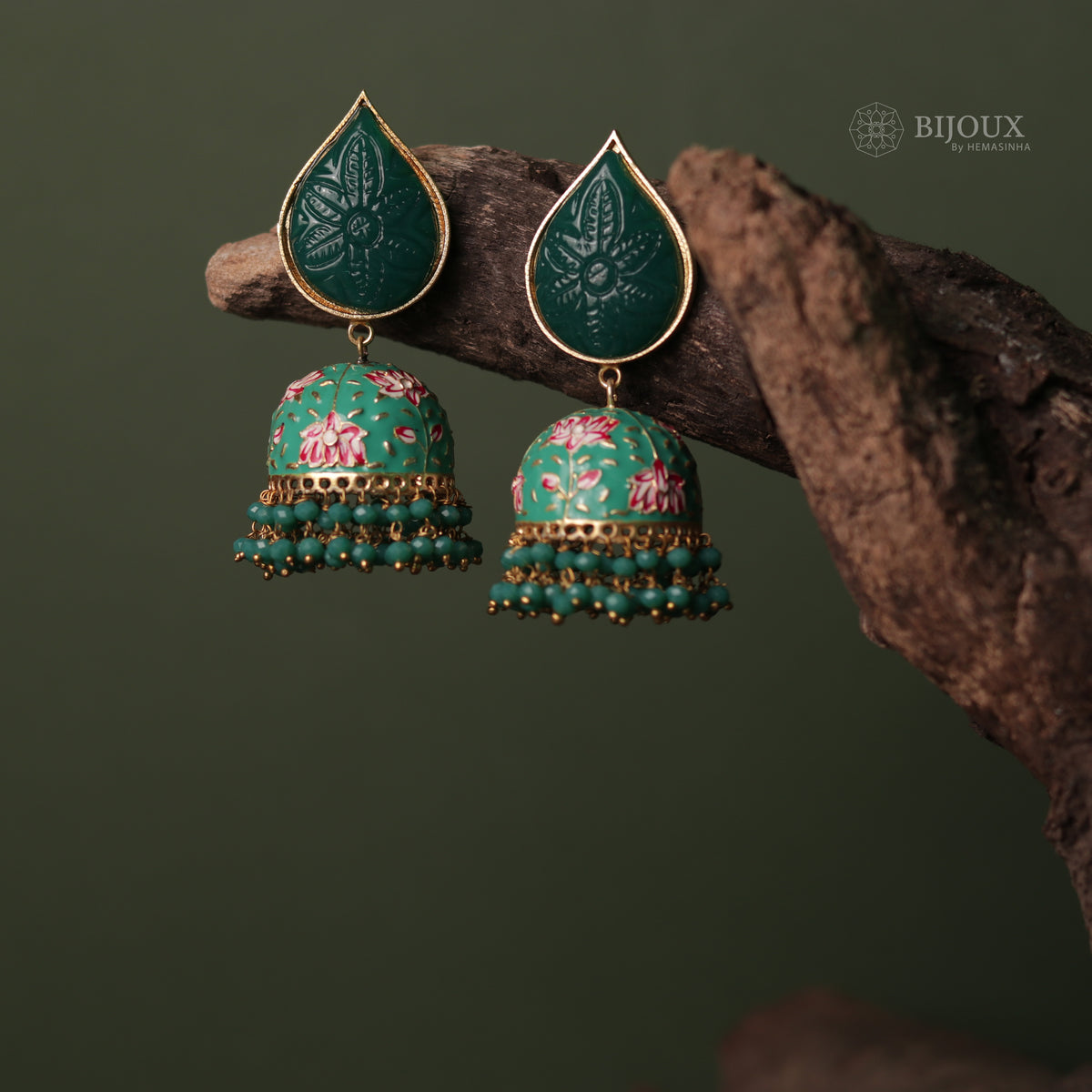 PETAL SEMI HANDMADE CARVING STONE HANDPAINTED BEADED JHUMKAS ER66