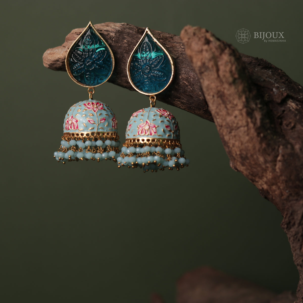 PETAL SEMI HANDMADE CARVING STONE HANDPAINTED BEADED JHUMKAS ER66