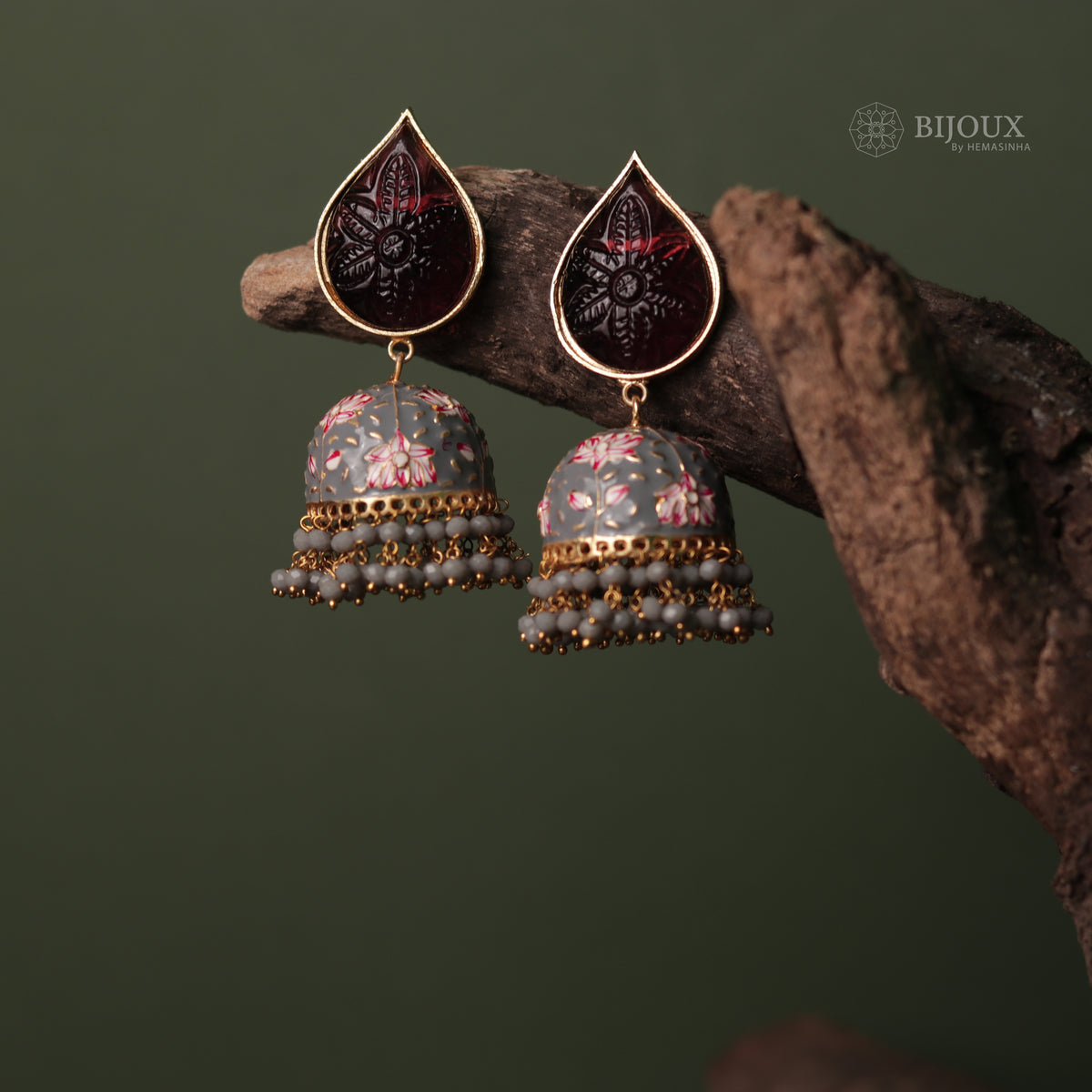 PETAL SEMI HANDMADE CARVING STONE HANDPAINTED BEADED JHUMKAS ER66