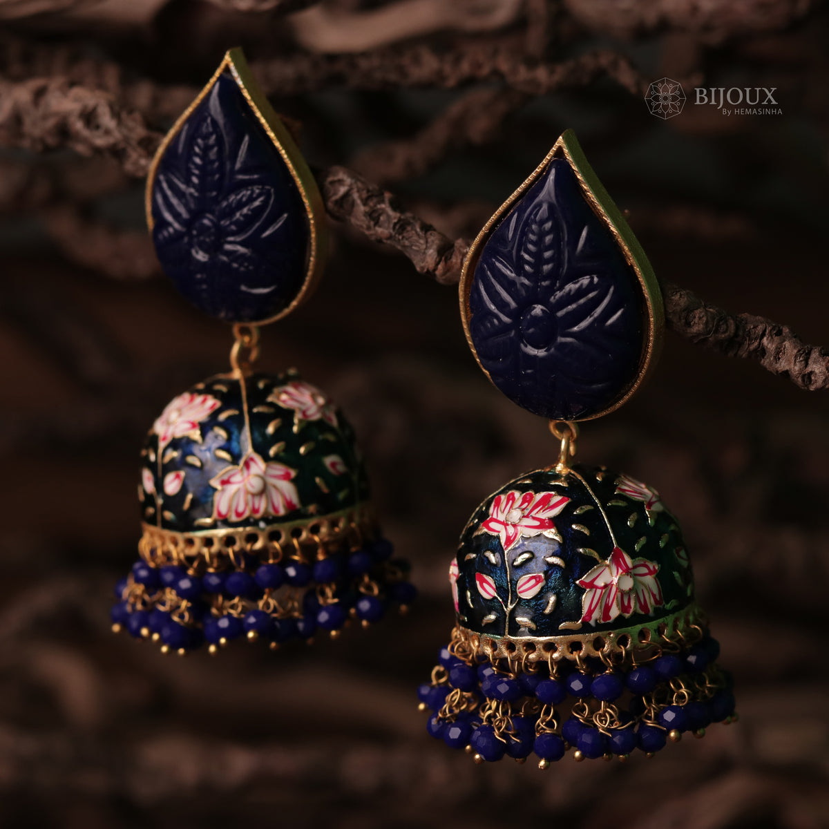PETAL SEMI HANDMADE CARVING STONE HANDPAINTED BEADED JHUMKAS ER66