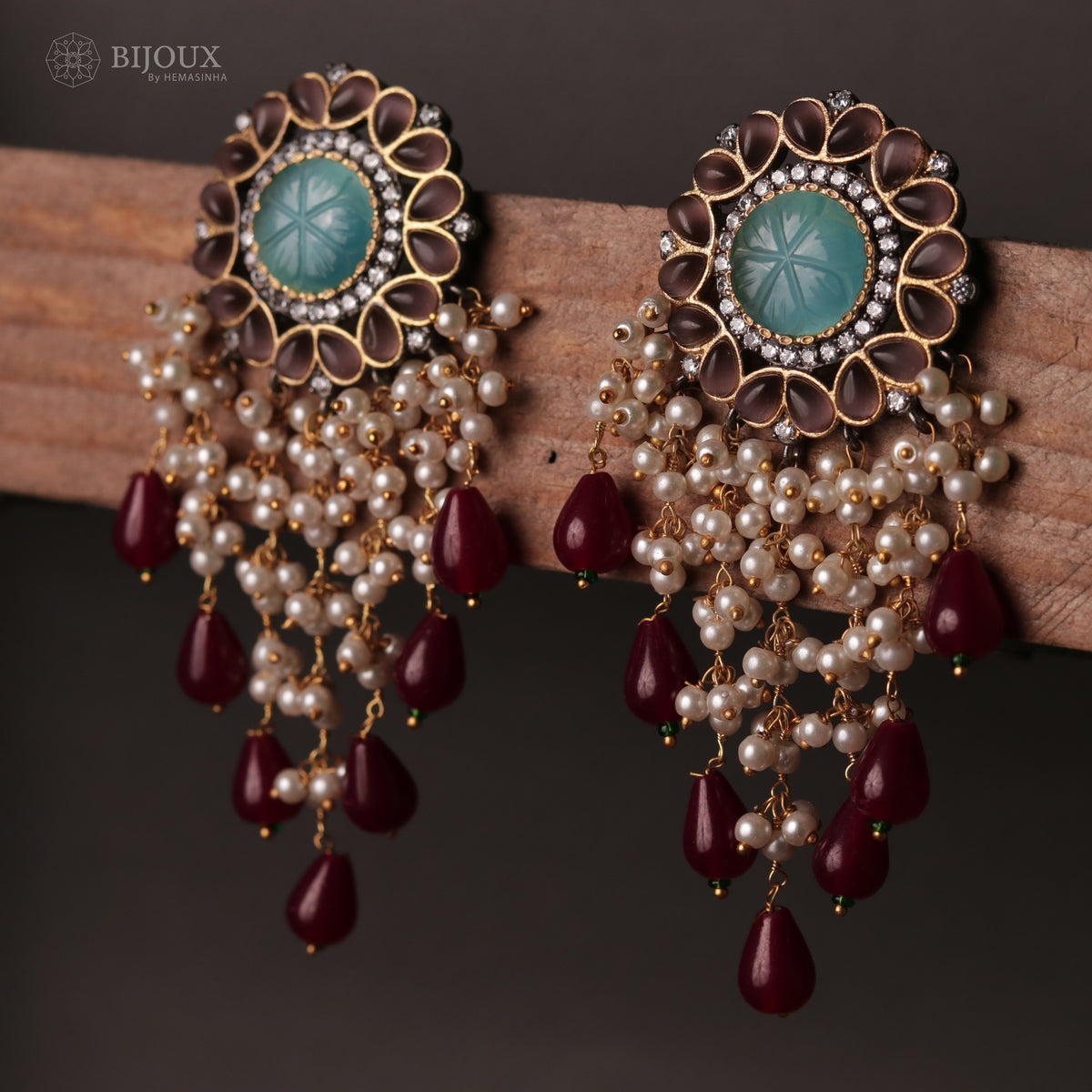 JHANSI CARVING STONES HANDMADE BEADED GOLD-TONED EARRING -ER93