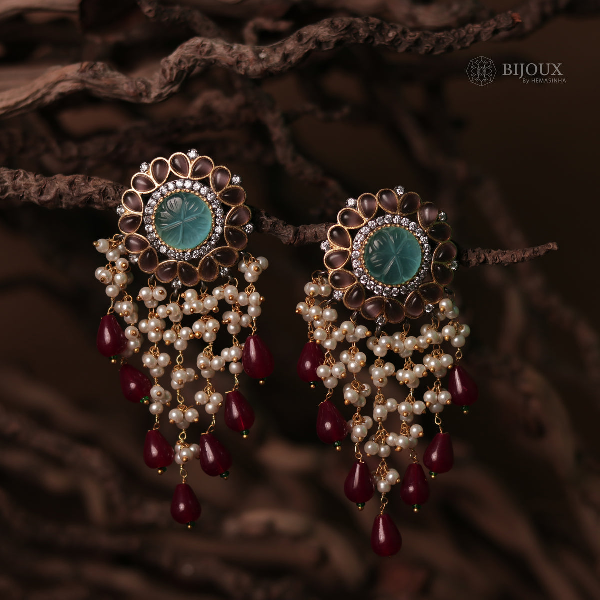 JHANSI CARVING STONES HANDMADE BEADED GOLD-TONED EARRING -ER93