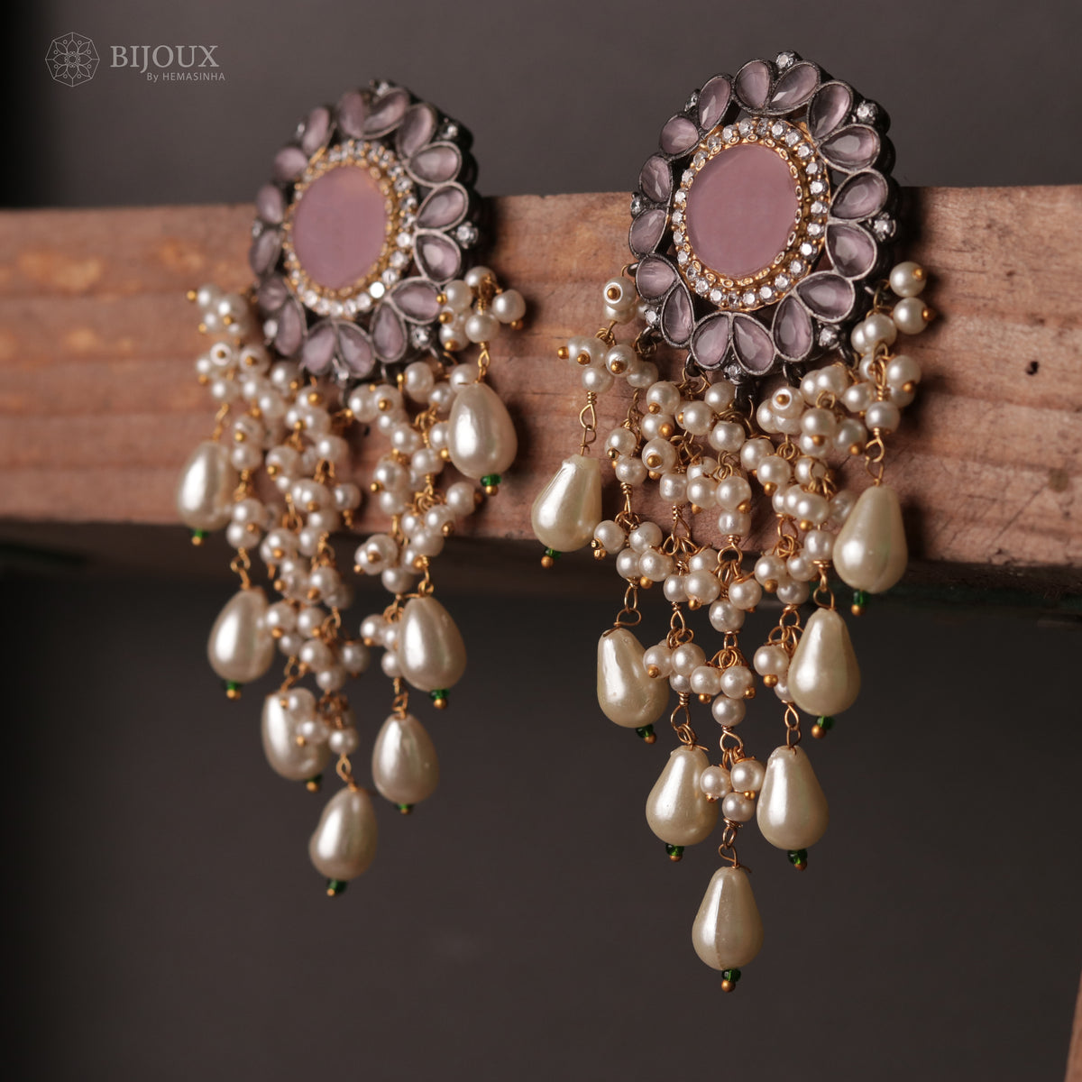 JHANSI CARVING STONES HANDMADE BEADED GOLD-TONED EARRING -ER93