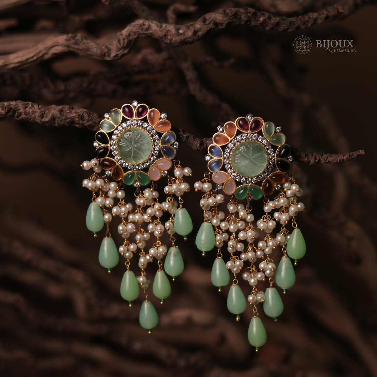 JHANSI CARVING STONES HANDMADE BEADED GOLD-TONED EARRING -ER93