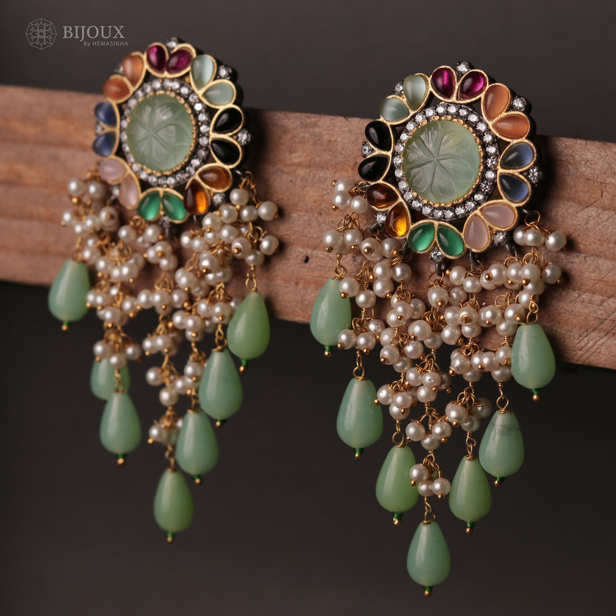 JHANSI CARVING STONES HANDMADE BEADED GOLD-TONED EARRING -ER93