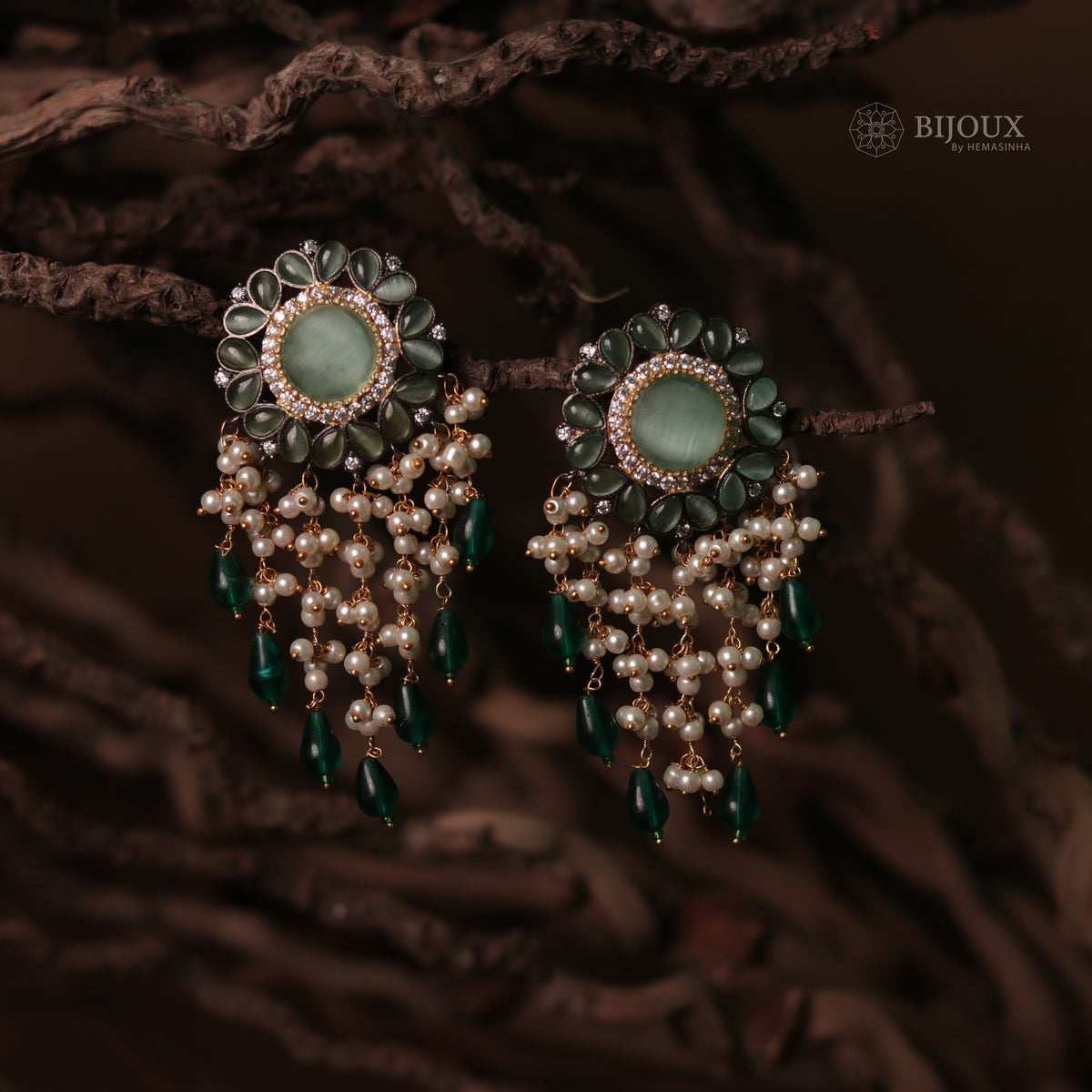 JHANSI CARVING STONES HANDMADE BEADED GOLD-TONED EARRING -ER93