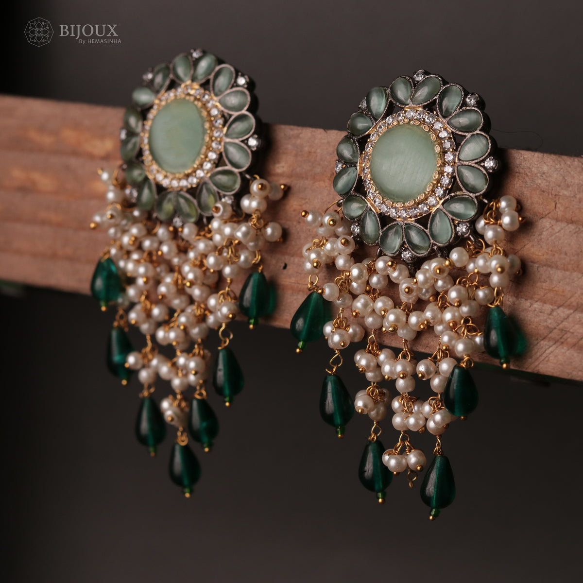 JHANSI CARVING STONES HANDMADE BEADED GOLD-TONED EARRING -ER93