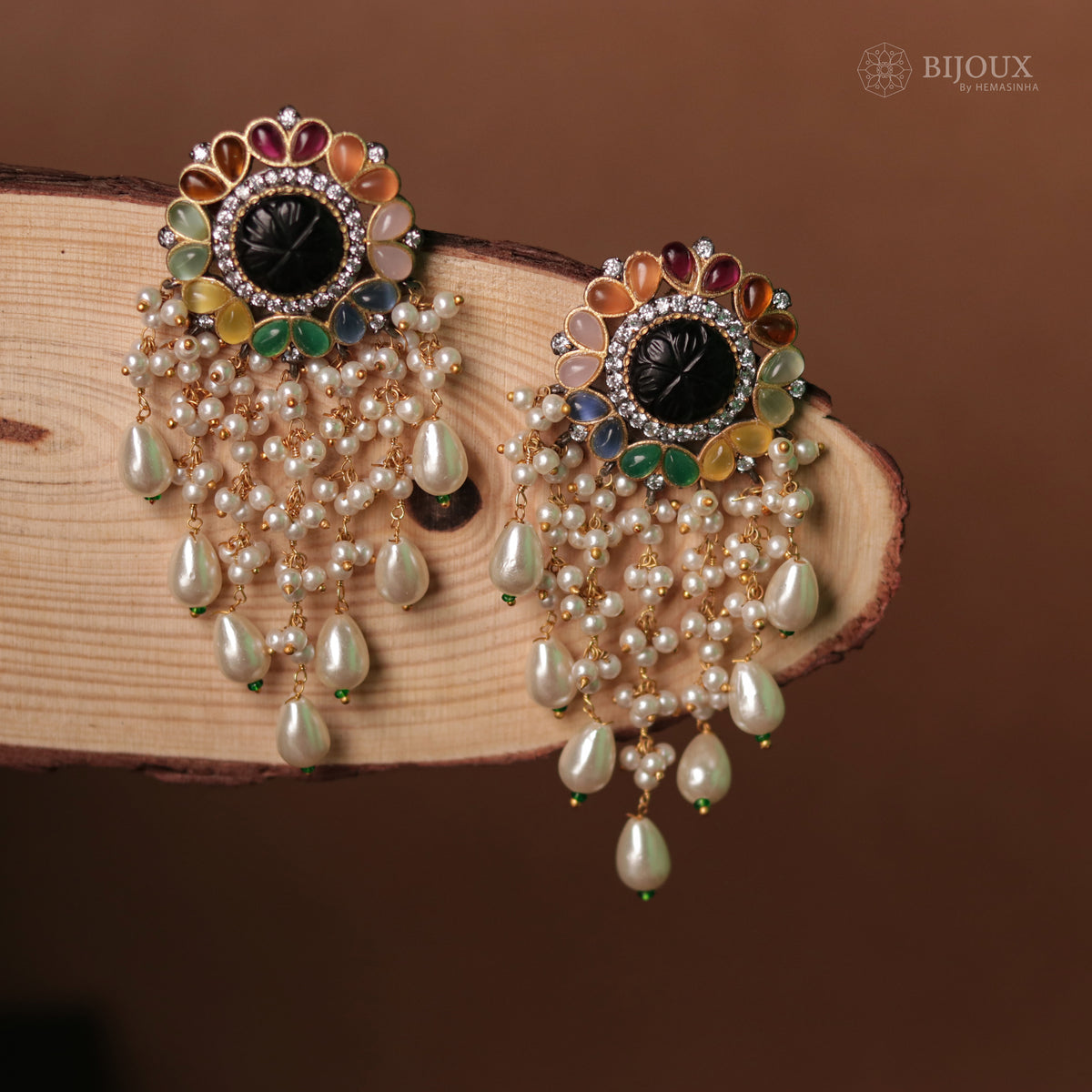 JHANSI CARVING STONES HANDMADE BEADED GOLD-TONED EARRING -ER93