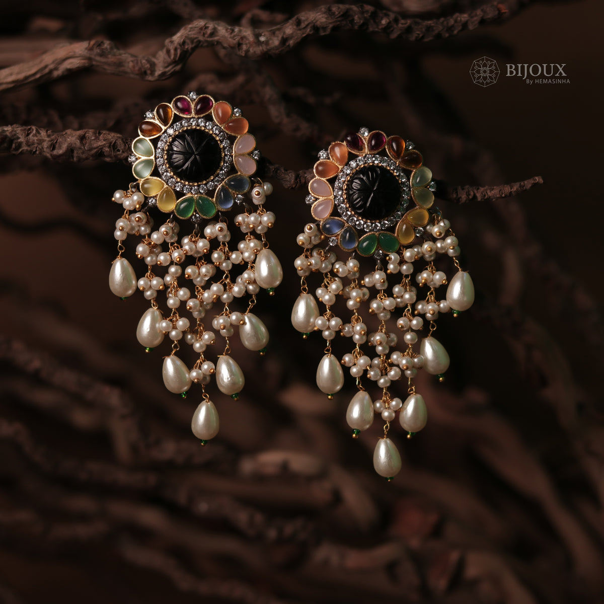 JHANSI CARVING STONES HANDMADE BEADED GOLD-TONED EARRING -ER93