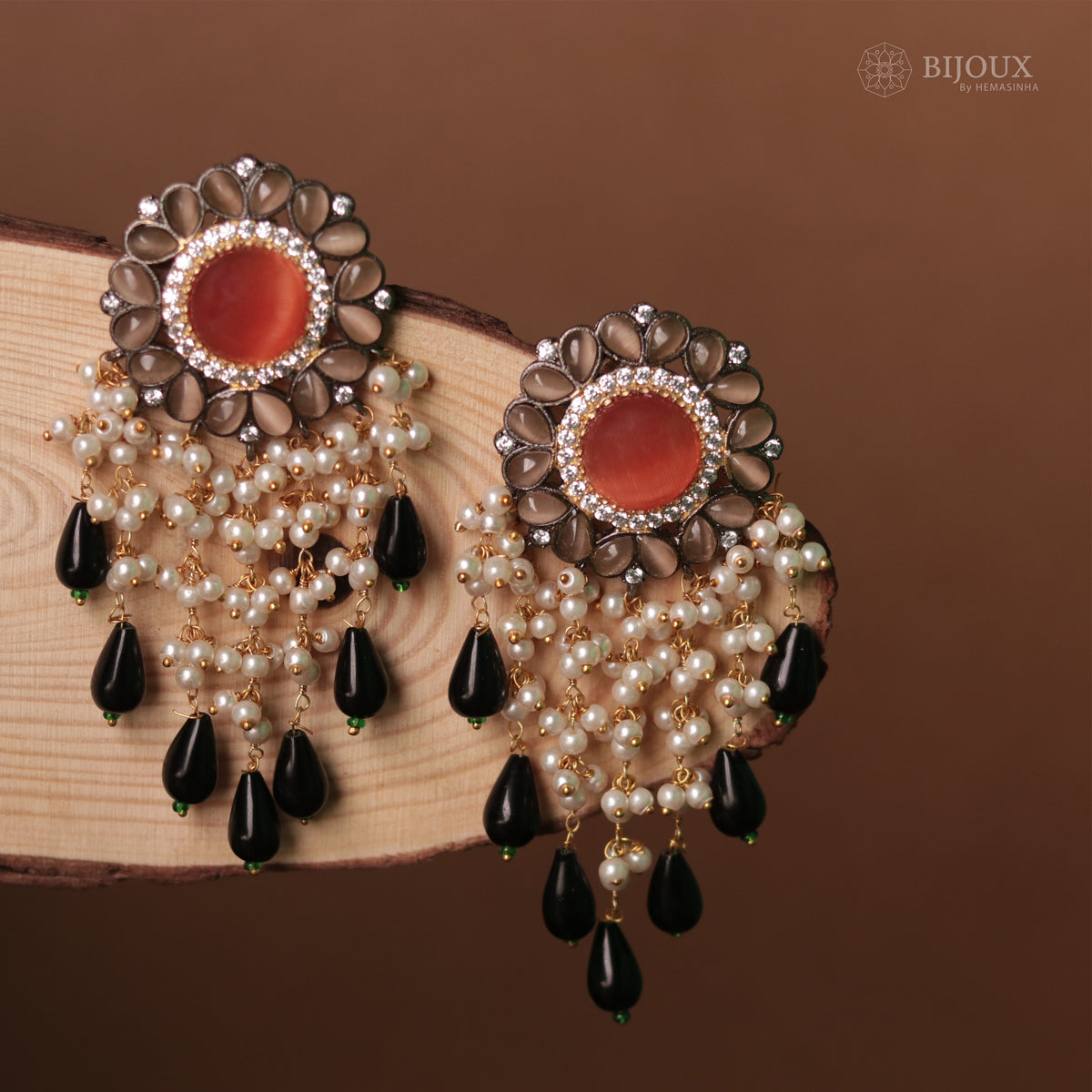 JHANSI CARVING STONES HANDMADE BEADED GOLD-TONED EARRING -ER93