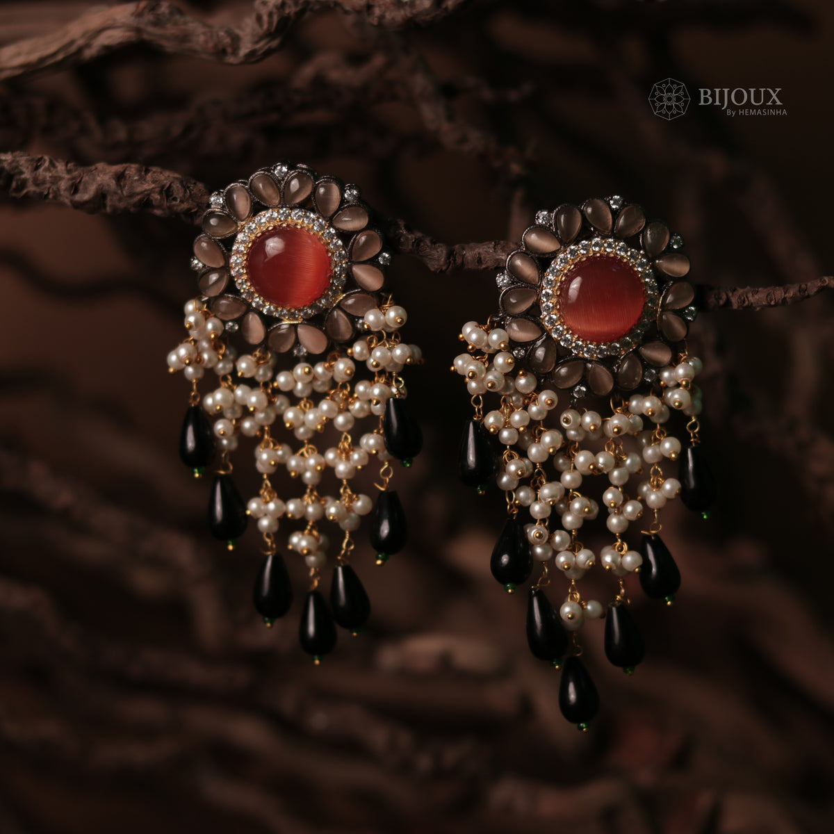 JHANSI CARVING STONES HANDMADE BEADED GOLD-TONED EARRING -ER93
